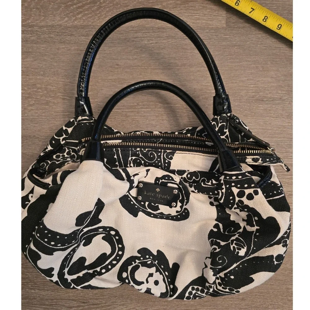 Kate Spade New York Black White Paisley Canvas Leather Trim Shoulder Bag